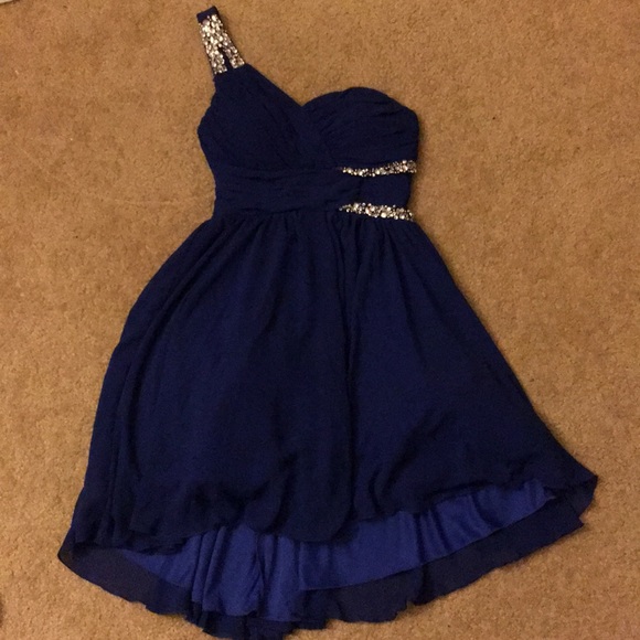 dark blue one shoulder dress
